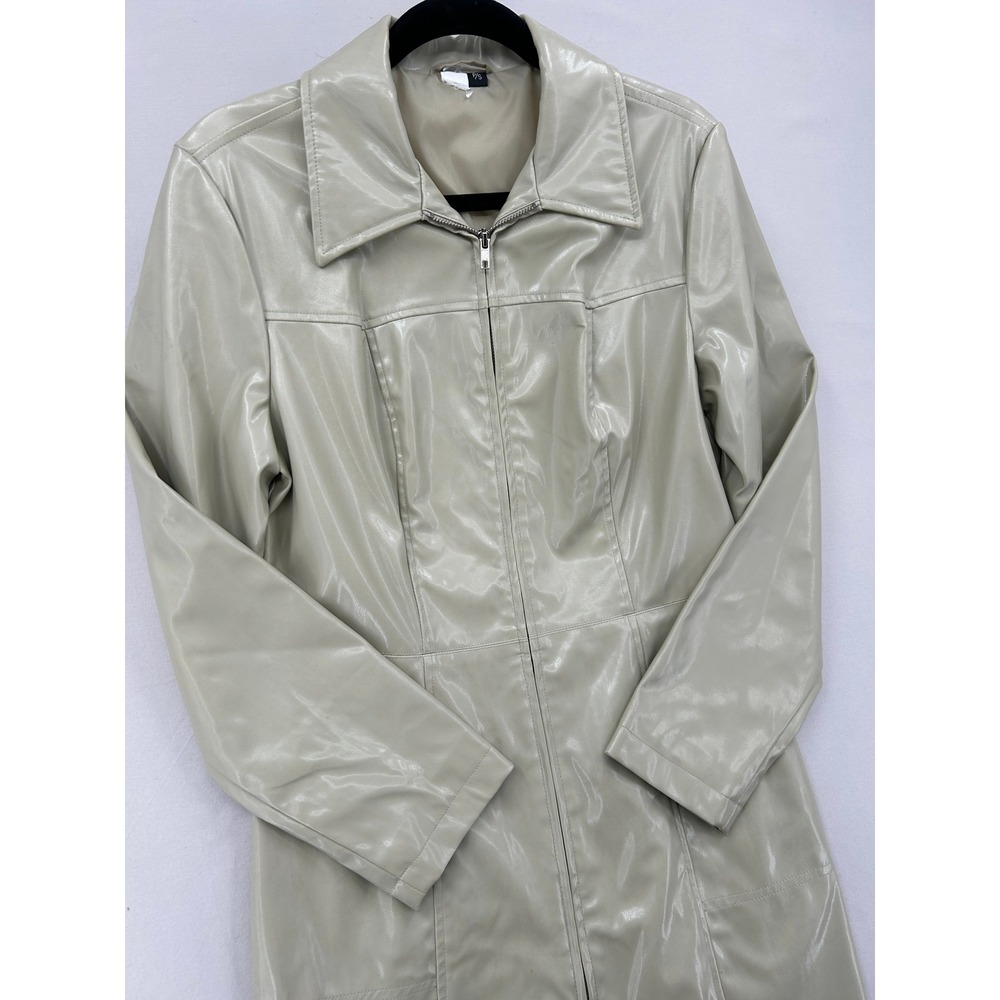 Vintage Faux Leather Zip Front Trench Coat Beige Mid Length Jacket Womens Small